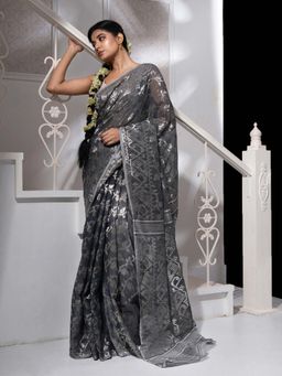 Arhi - Grey Blended Cotton Handwoven Jamdani Saree without Blouse