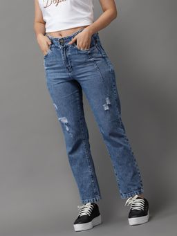 SHOWOFFFF - Womens High-rise Blue Low Distress Jeans