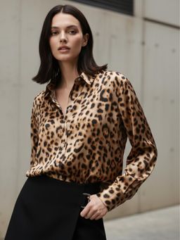 Outzidr - Brown Printed Satin Party Shirt