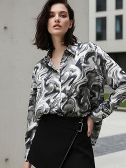 Outzidr - Grey Printed Satin Party Shirt