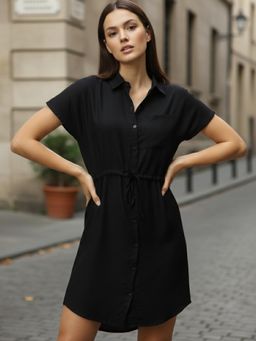 Outzidr - Black Vacay Shirt Dress With Elasticated Waist