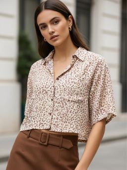 Outzidr - Brown Printed Cropped Casual Shirt