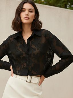 Outzidr - Black Mirco Sheer Jacquard Pattern Party Shirt