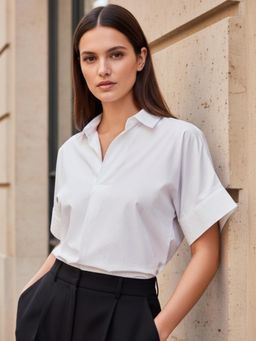 Outzidr - White Boxy Shirt with Rolled Short Sleeves