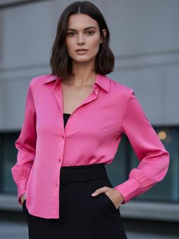 Outzidr - Pink Relaxed Fit Satin Shirt