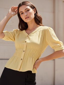 Outzidr - Yellow Front Buttoned Top with Waist Ruching