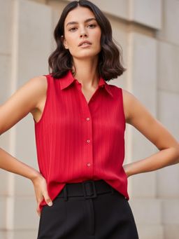 Outzidr - Pink Sleeveless Front Buttoned Shirt