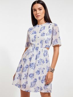 Outzidr - White Mini Fit and Flare Dress with Cut Out Detail