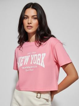 Outzidr - Pink Typography Cropped Boxy T-Shirt