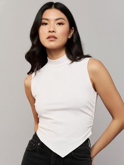 Outzidr - White Street Solid High Neck Side Ruched Top
