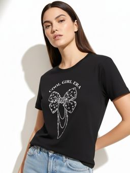 Outzidr - Women Black Cotton Typography Regular Fit T-Shirt