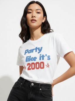 Outzidr - Women White Cotton Typography Regular Fit T-Shirt