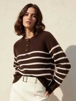 Outzidr - Women Brown Polyester Stripes Sweater