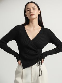 Outzidr - Black Full Sleeve Side Ruched Asymmetrical Hem Top