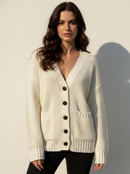 Outzidr - Women Cream Full Sleeve Double Pockets Slouchy Cardigans