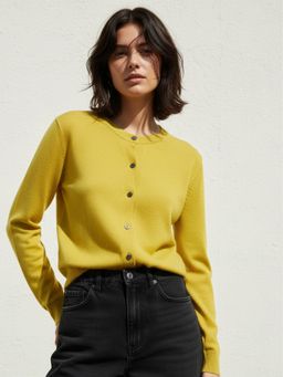 Outzidr - Women Mustard Full Sleeve Front Buttoned Slouchy Cardigan