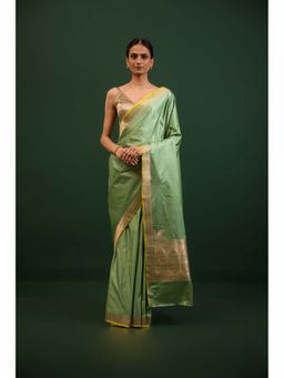 Sacred Weaves - Pastel Green Konia Satin Silk Handloom Banarasi Saree Without Blouse