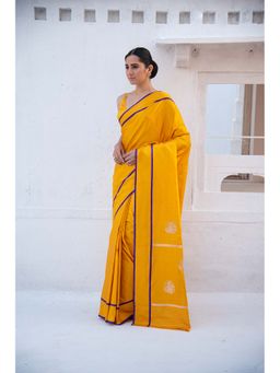 Sacred Weaves - Yellow Sona Roopa Booti Satin Silk Handloom Banarasi Saree Without Blouse