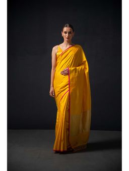 Sacred Weaves - Yellow Satin Tanchoi Handloom Banarasi Saree Without Blouse