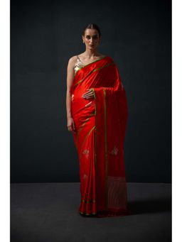Sacred Weaves - Red Booti Satin Silk Handloom Banarasi Saree Without Blouse