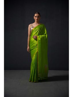 Sacred Weaves - Parrot Green Plain Satin Silk Handloom Banarasi Saree Without Blouse