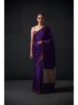 Sacred Weaves - Purple Satin Tanchoi Handloom Banarasi Saree Without Blouse