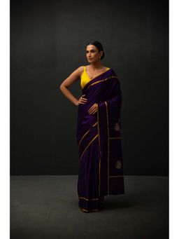 Sacred Weaves - Purple Minakari Booti Satin Silk Handloom Banarasi Saree Without Blouse