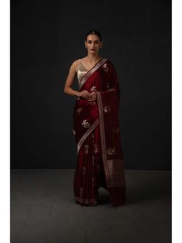 Sacred Weaves - Maroon Booti Satin Silk Handloom Banarasi Saree Without Blouse