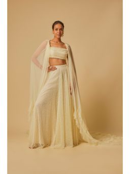 Masumi Mewawalla - Yellow Embroidered Sharara with Blouse and Ruffle Cape (Set of 3)