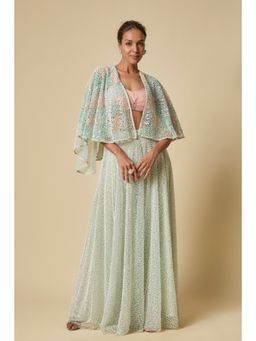 Masumi Mewawalla - Mint Embroidered Sharara with Blouse and Cape (Set of 3)