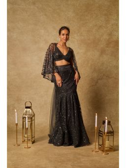 Masumi Mewawalla - Black Embroidered Mermaid Skirt with Stitched Blouse and Cape (Set of 3)