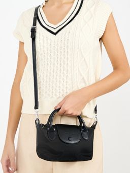 Styli - Women's Faux Leather Zip-Top Satchel Bag With Detachable Strap - Black