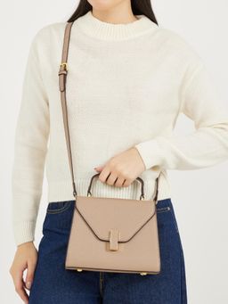 Styli - Women's Textured Hardware Satchel Bag With Detachable Strap - Beige