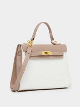 Styli - Women's Textured Hardware Satchel Bag With Detachable Strap - Beige