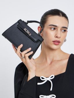 Styli - Women's Textured Twist Lock Satchel Bag With Detachable Strap - Black