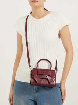 Styli - Women's Textured Bow Detail Sling Bag With Detachable Strap - Burgundy
