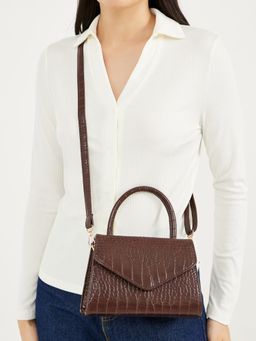 Styli - Women's Croc-Textured Satchel Bag With Detachable Strap - Brown