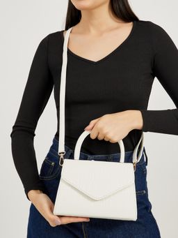 Styli - Women's Croc-Textured Satchel Bag With Detachable Strap - White