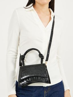 Styli - Women's Croc Textured Sling Bag With Detachable Strap - Black