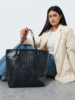 Styli - Women's Croc-Textured Zip-Top Tote Bag - Black