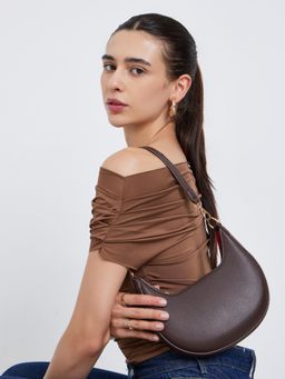 Styli - Women's Pebbled Hardware Hobo Handbag - Brown