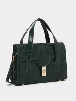 Styli - Women's Croc Embossed Satchel Bag With Detachable Strap - Green
