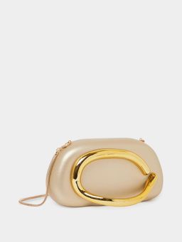 Styli - Women's PU Statement Handle Box Clutch With Detachable Strap - Gold