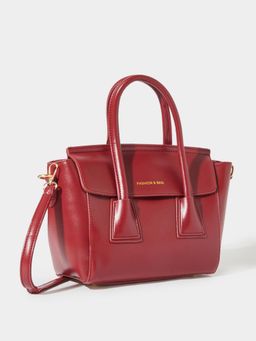Styli - Women's Faux Leather Satchel Bag With Detachable Strap - Burgundy