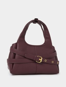 Styli - Women's Pebbled Hardware Handbag With Detachable Strap - Burgundy