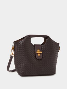 Styli - Women's Woven Turn Lock Structured Handbag With Detachable Strap - Brown