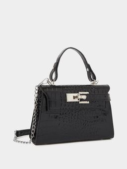 Styli - Women's Croc-Textured Satchel Bag With Detachable Strap - Black - Black