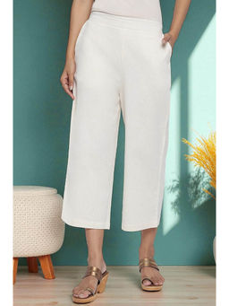 Elleven - Womens Off White Solid Cotton Flax Culottes in Calf Length