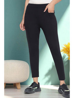 Elleven - Womens Black Solid Mid Rise Tights in Calf Length