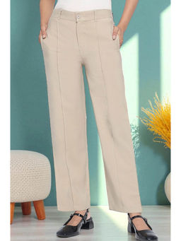 Elleven - Womens Beige Solid Korea Rayon Twill Pants In Ankle Length